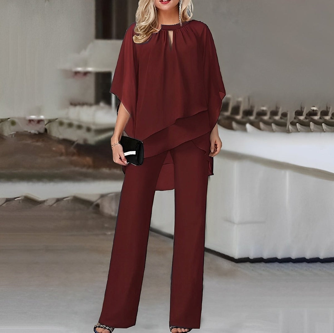 Damen Zweiteiler Wide Leg Pants Layered Chiffon Oberteil - Weinrot
