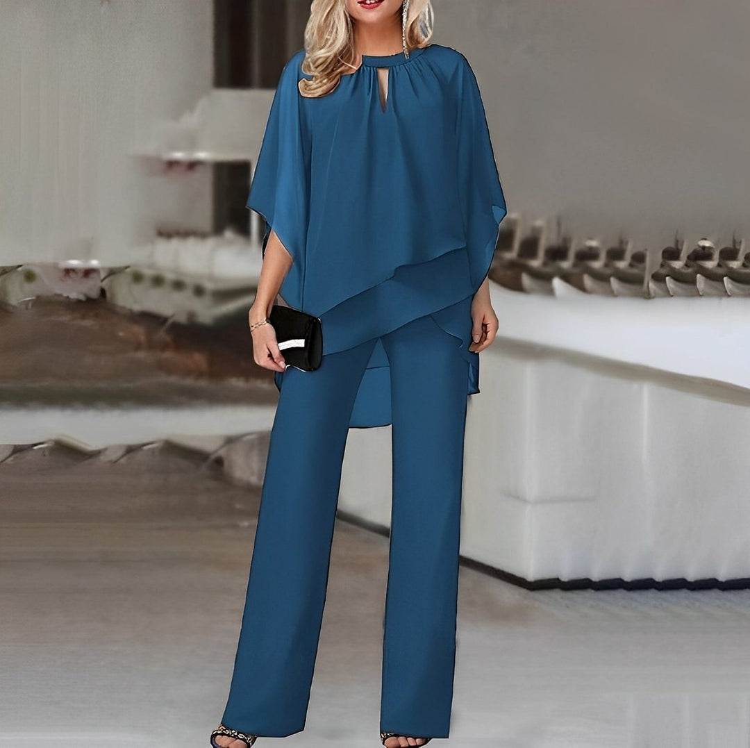 Damen Zweiteiler Wide Leg Pants Layered Chiffon Oberteil - Saphirblau