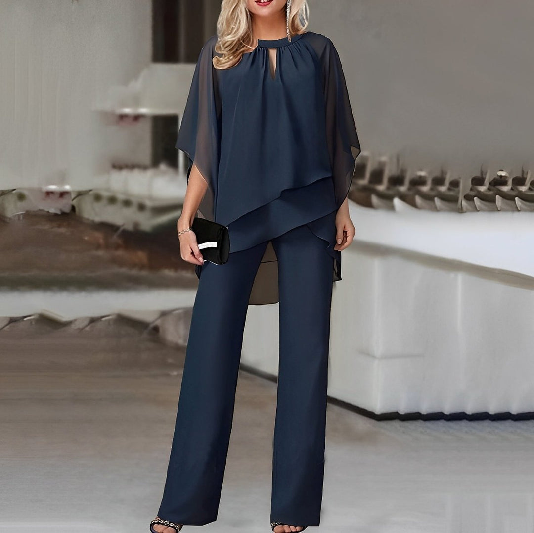 Damen Zweiteiler Wide Leg Pants Layered Chiffon Oberteil - Marineblau