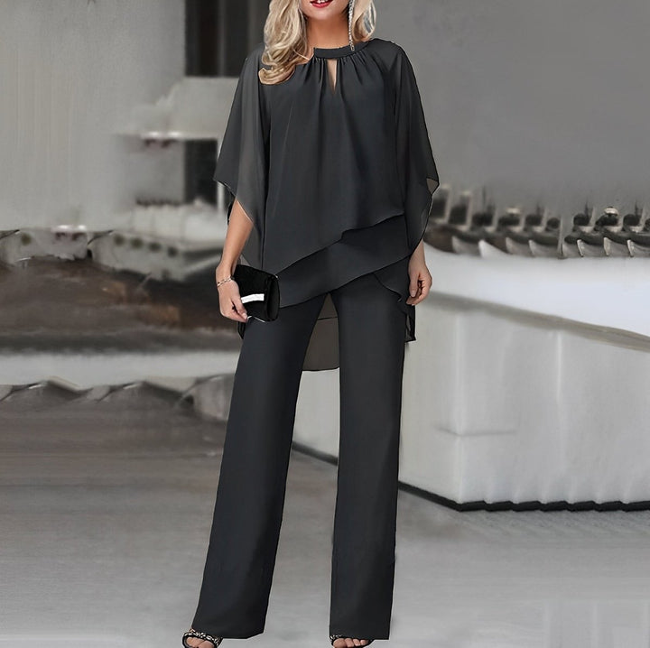 Damen Zweiteiler Wide Leg Pants Layered Chiffon Oberteil - Schwarz