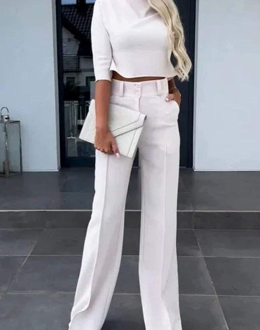Damen Zweiteiliges Hosenset mit Langärmligem Crop-Oberteil Hochbund - Weiß
