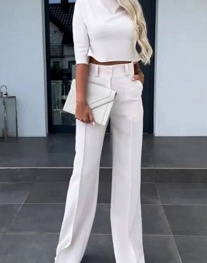 Damen Zweiteiliges Hosenset mit Langärmligem Crop-Oberteil Hochbund - Weiß