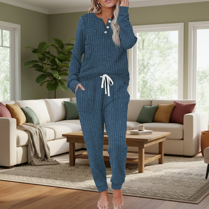 Damen Zweiteiliges Rippstrick-Loungewear-Set Langarm Jogger - Navy Blue