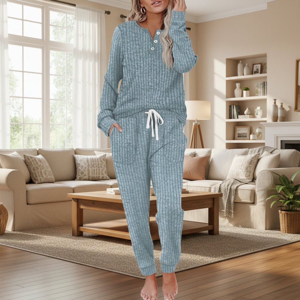 Damen Zweiteiliges Rippstrick-Loungewear-Set Langarm Jogger - Sea Blue