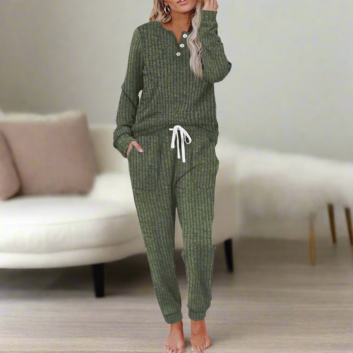 Damen Zweiteiliges Rippstrick-Loungewear-Set Langarm Jogger - Leaf Green