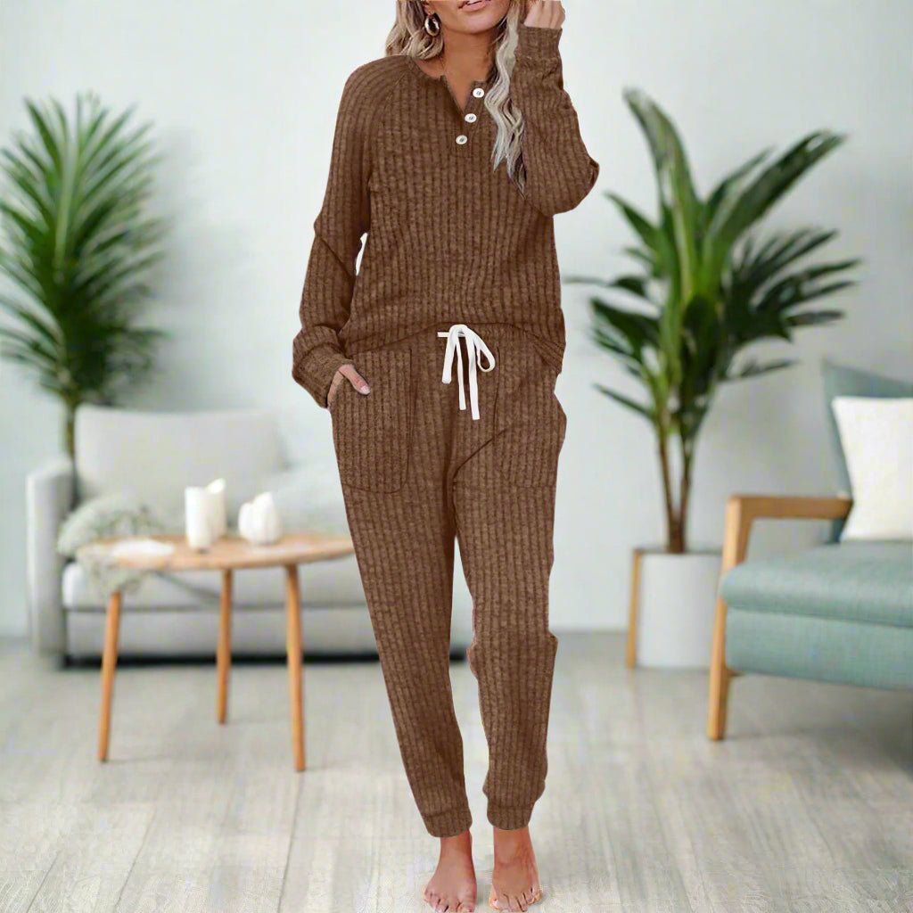Damen Zweiteiliges Rippstrick-Loungewear-Set Langarm Jogger