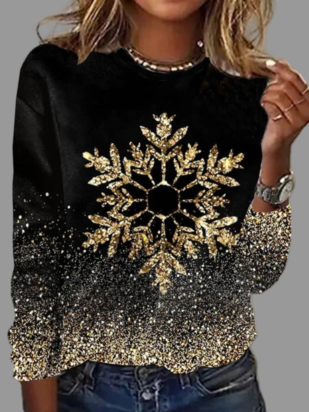 Katharina | Damen Weihnachts-Pullover mit goldenen Schneeflocken