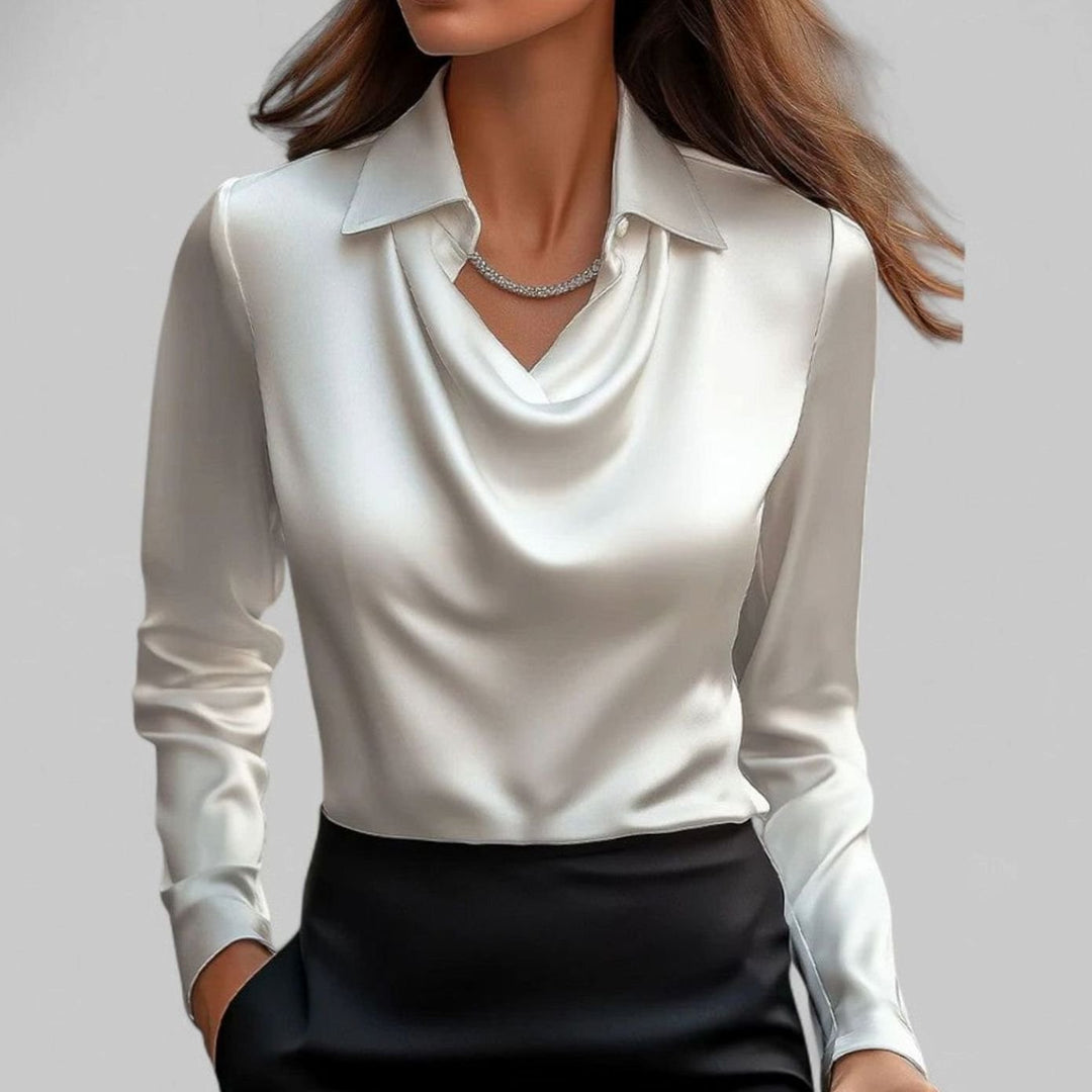 Elegante Satin-Wasserfallbluse für Damen Langarm V-Ausschnitt - Weiß