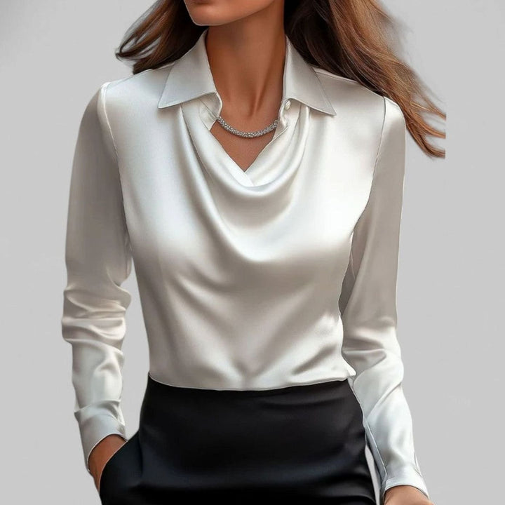 Elegante Satin-Wasserfallbluse für Damen Langarm V-Ausschnitt - Weiß