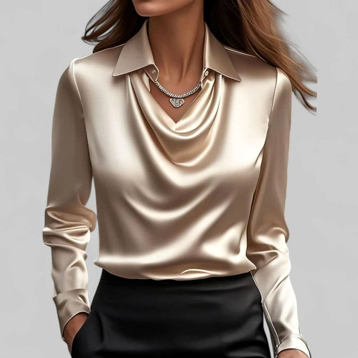 Elegante Satin-Wasserfallbluse für Damen Langarm V-Ausschnitt - Sekt