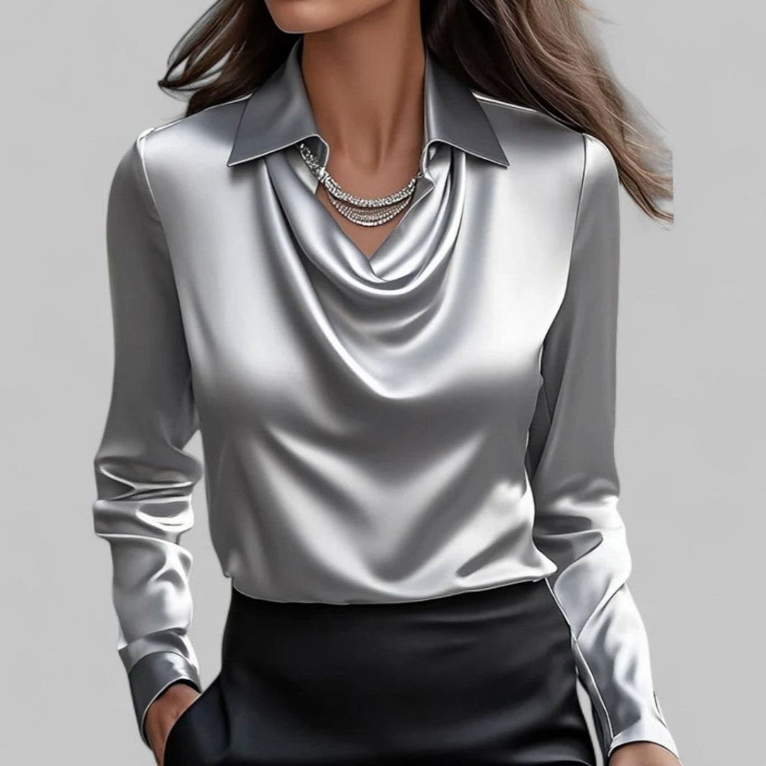Elegante Satin-Wasserfallbluse für Damen Langarm V-Ausschnitt - Grau