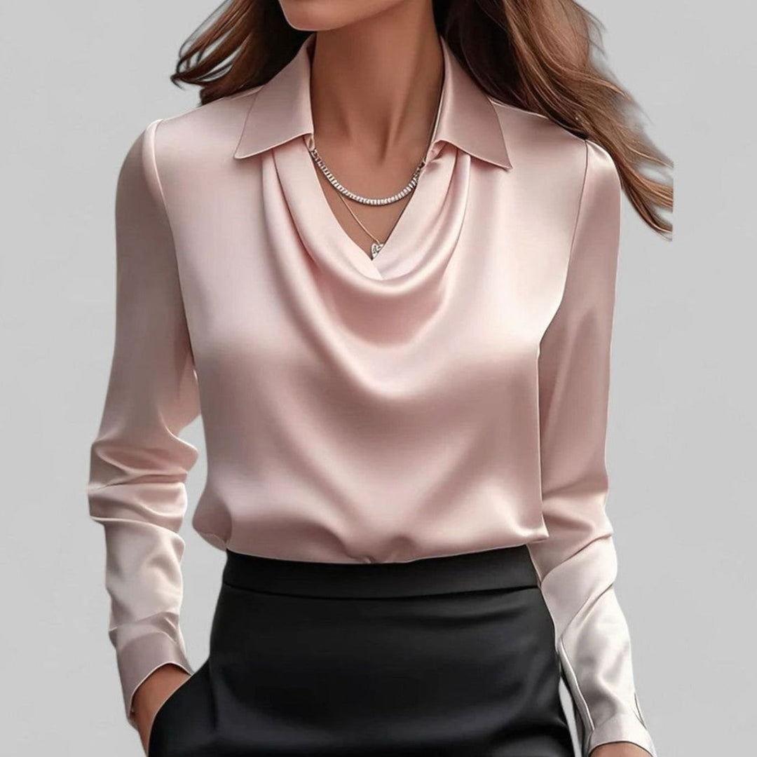 Elegante Satin-Wasserfallbluse für Damen Langarm V-Ausschnitt - Rosa