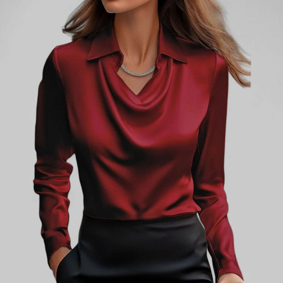 Elegante Satin-Wasserfallbluse für Damen Langarm V-Ausschnitt - Rot