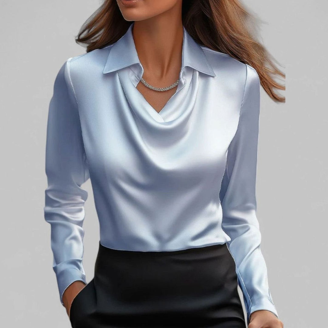 Elegante Satin-Wasserfallbluse für Damen Langarm V-Ausschnitt - Blau
