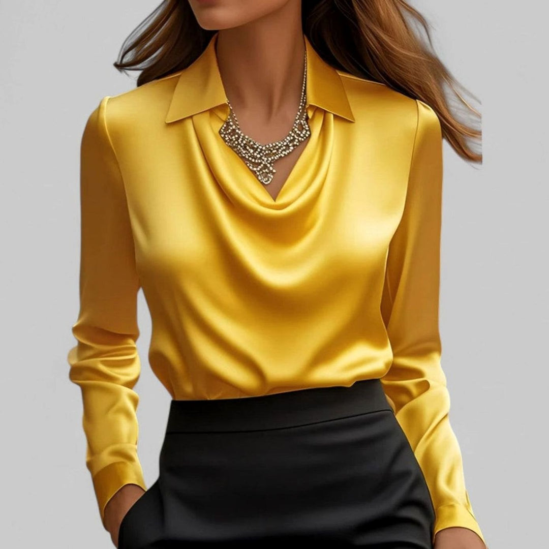 Elegante Satin-Wasserfallbluse für Damen Langarm V-Ausschnitt - Gelb