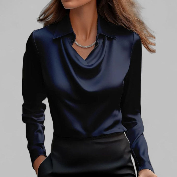 Elegante Satin-Wasserfallbluse für Damen Langarm V-Ausschnitt - Marineblau