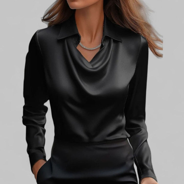 Elegante Satin-Wasserfallbluse für Damen Langarm V-Ausschnitt - Schwarz