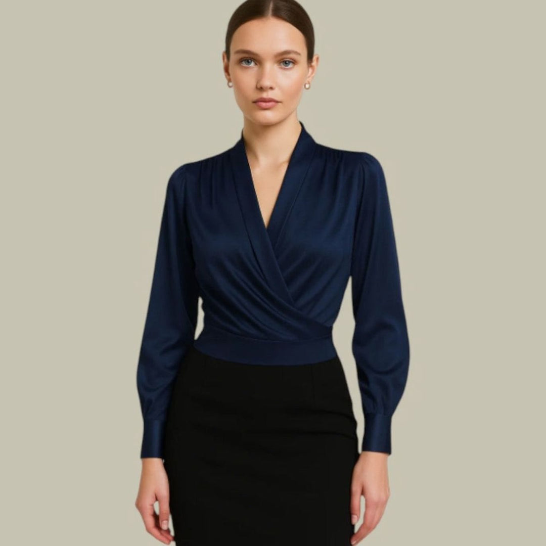 Elegante Satin-Wickelbluse für Damen mit V-Ausschnitt langarm - Blau