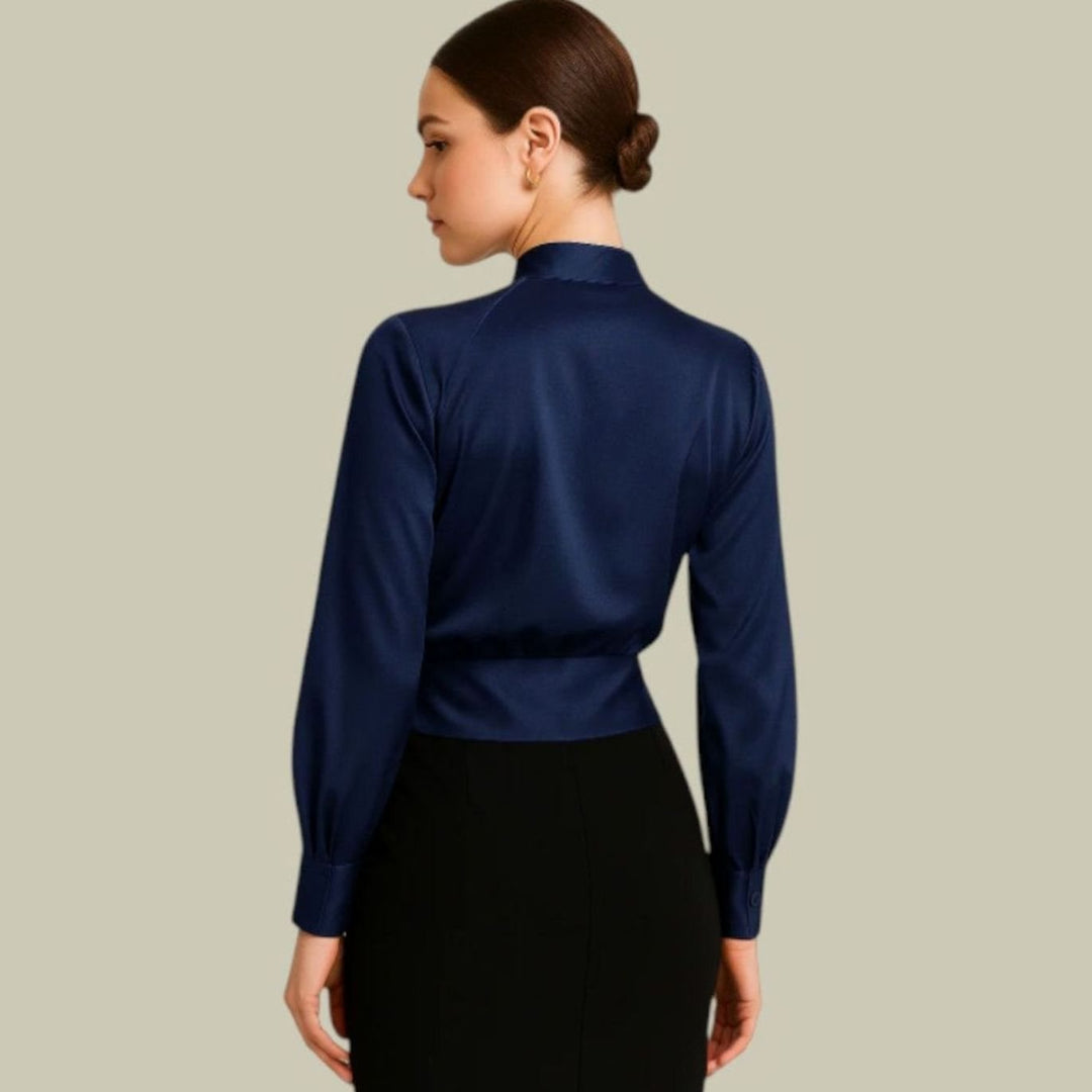 Elegante Satin-Wickelbluse für Damen mit V-Ausschnitt langarm