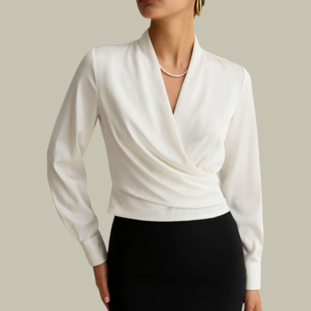 Elegante Satin-Wickelbluse für Damen mit V-Ausschnitt langarm - Weiß