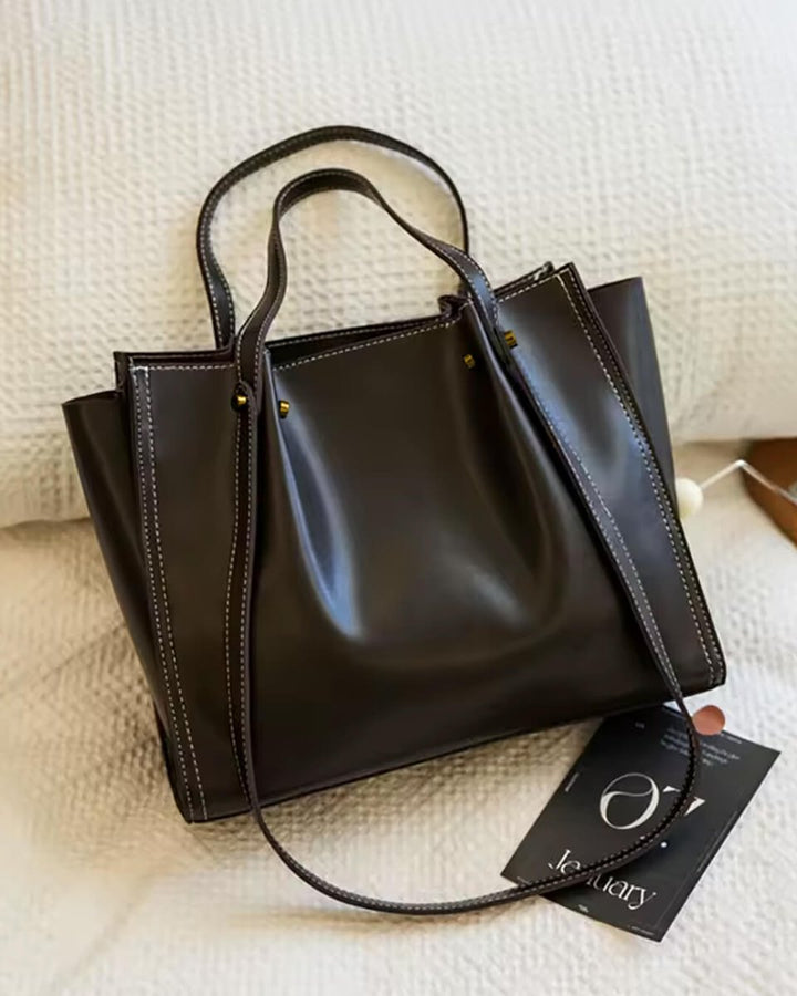 Elegante Veganleder Tote Bag mit Kontrastnaht Schultertasche