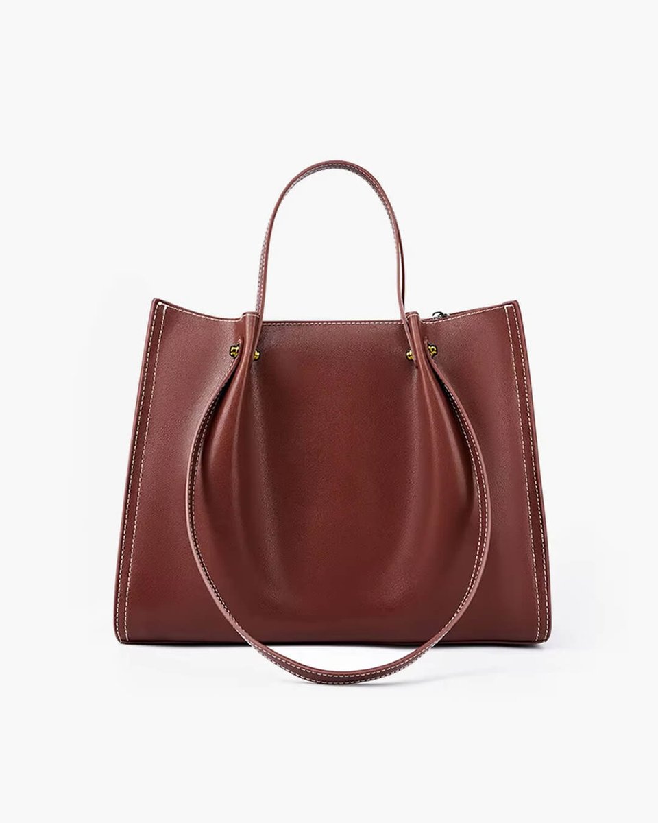 Elegante Veganleder Tote Bag mit Kontrastnaht Schultertasche - Braun