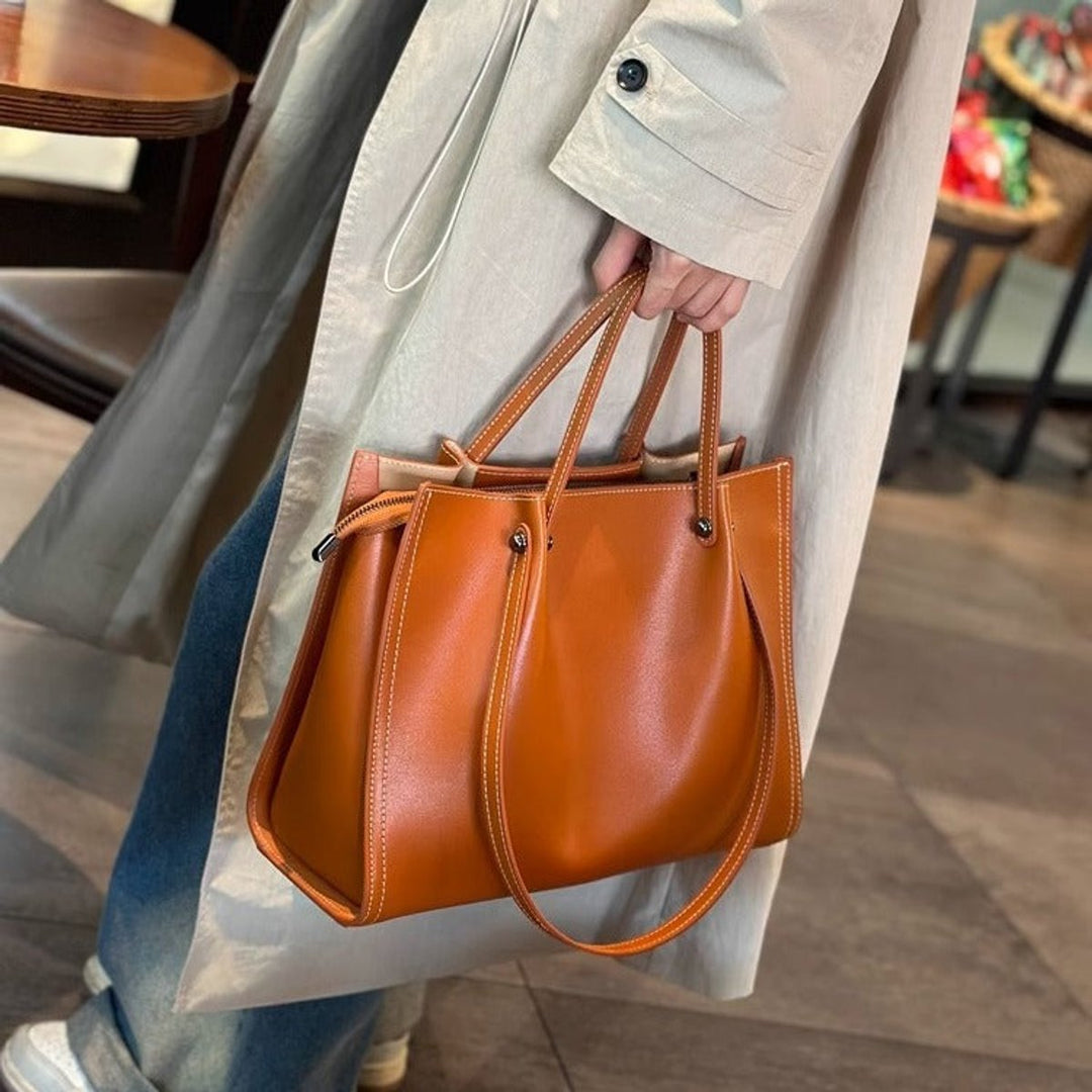 Elegante Veganleder Tote Bag mit Kontrastnaht Schultertasche - Sonnengelb