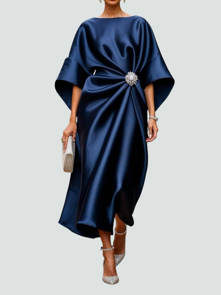 Elegantes Abendkleid mit Brosche Langarm - Navy