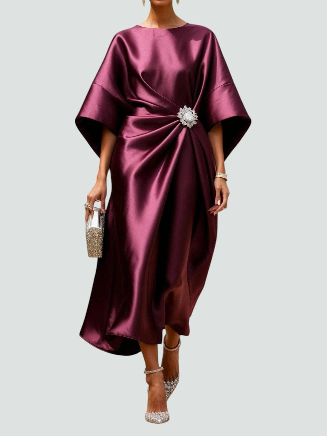 Elegantes Abendkleid mit Brosche Langarm - Red