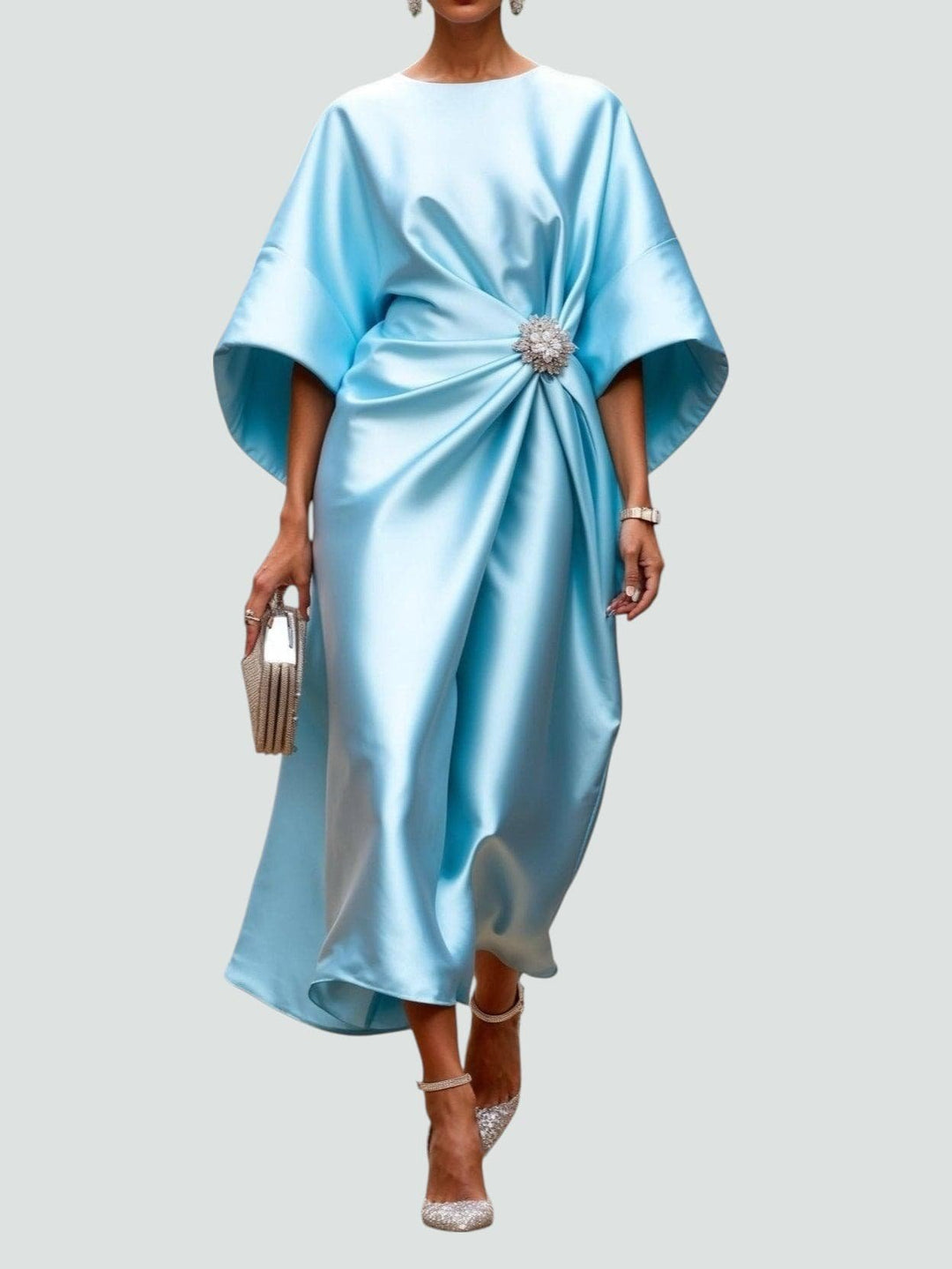 Elegantes Abendkleid mit Brosche Langarm - Turquoise