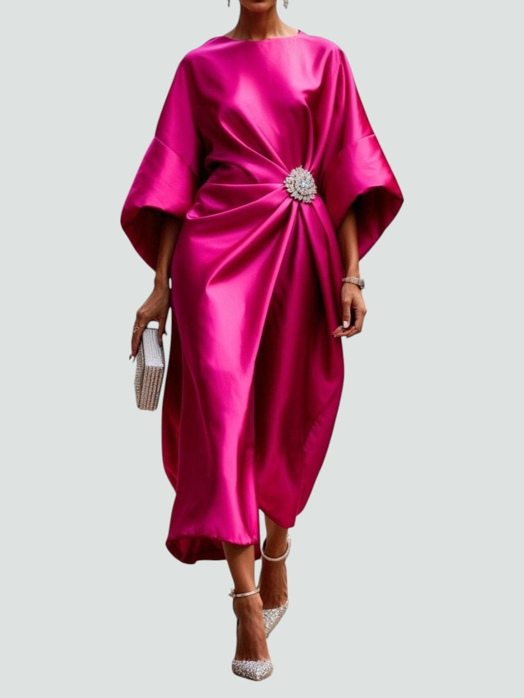 Elegantes Abendkleid mit Brosche Langarm - Pink