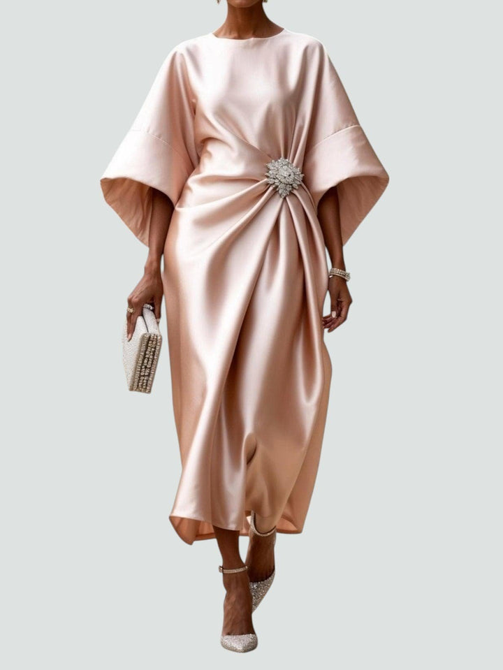 Elegantes Abendkleid mit Brosche Langarm - Beige