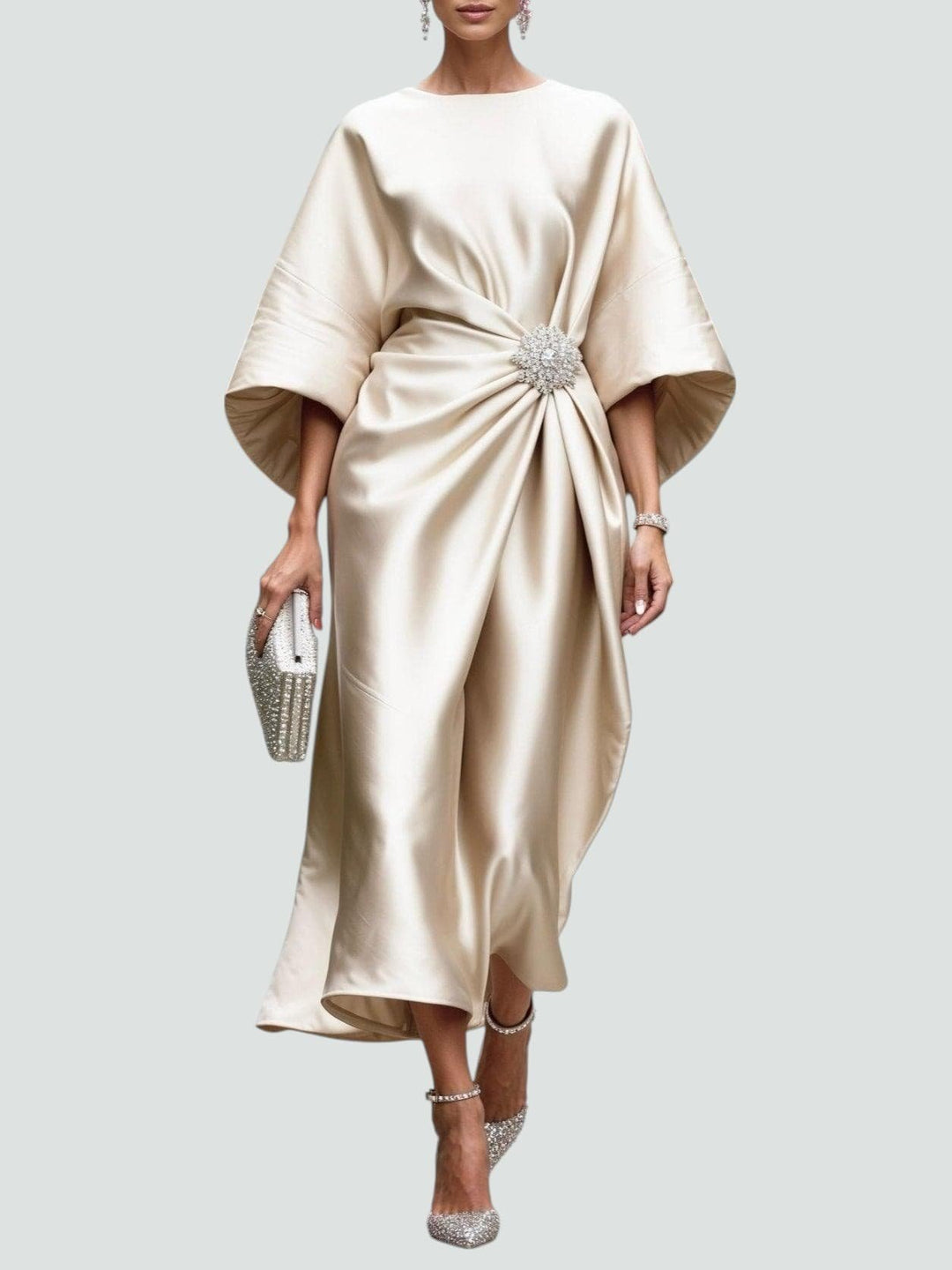 Elegantes Abendkleid mit Brosche Langarm - Khaki
