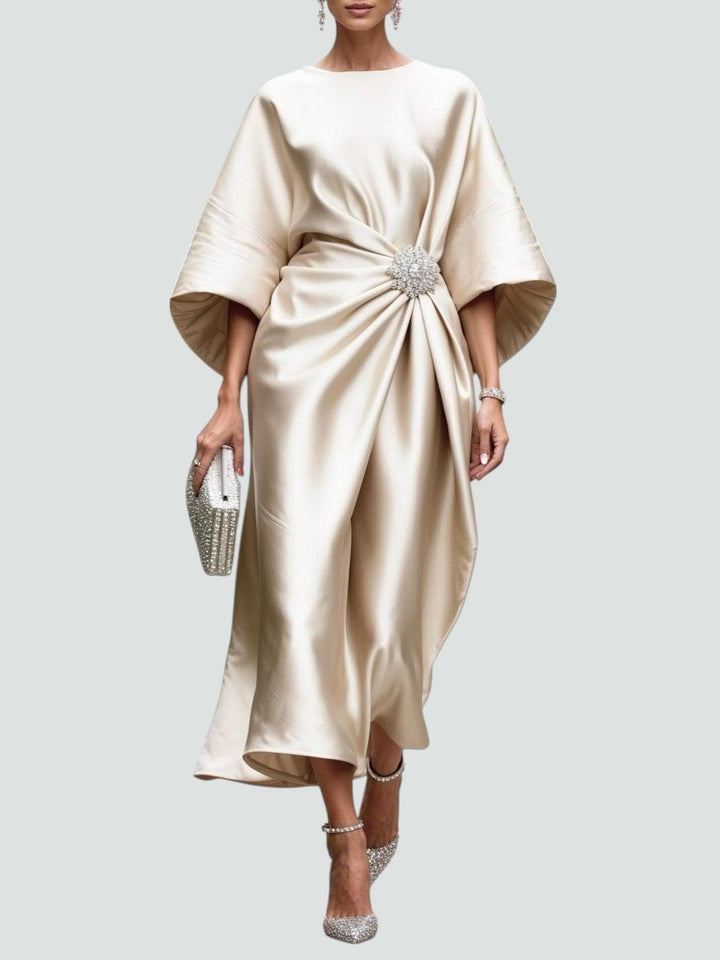 Elegantes Abendkleid mit Brosche Langarm - Khaki