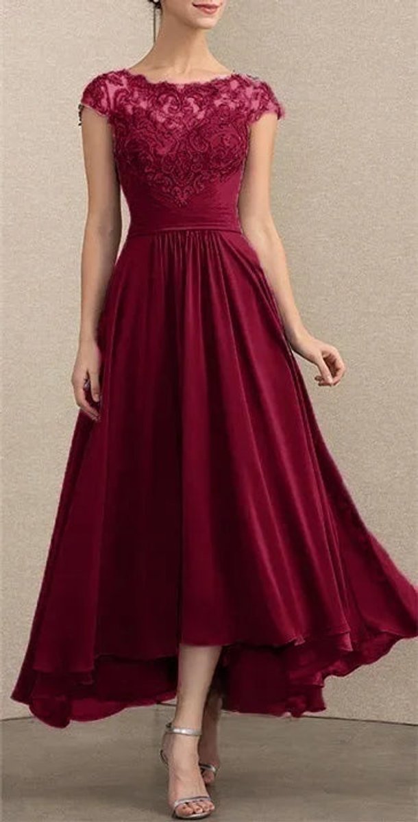 Elegantes Spitzen-Chiffon Abendkleid Formal Dresses Maxi A-Linie - Burgunderrot