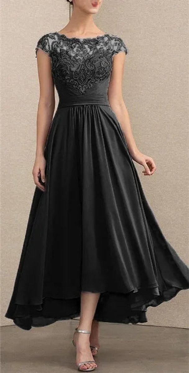 Elegantes Spitzen-Chiffon Abendkleid Formal Dresses Maxi A-Linie - Schwarz
