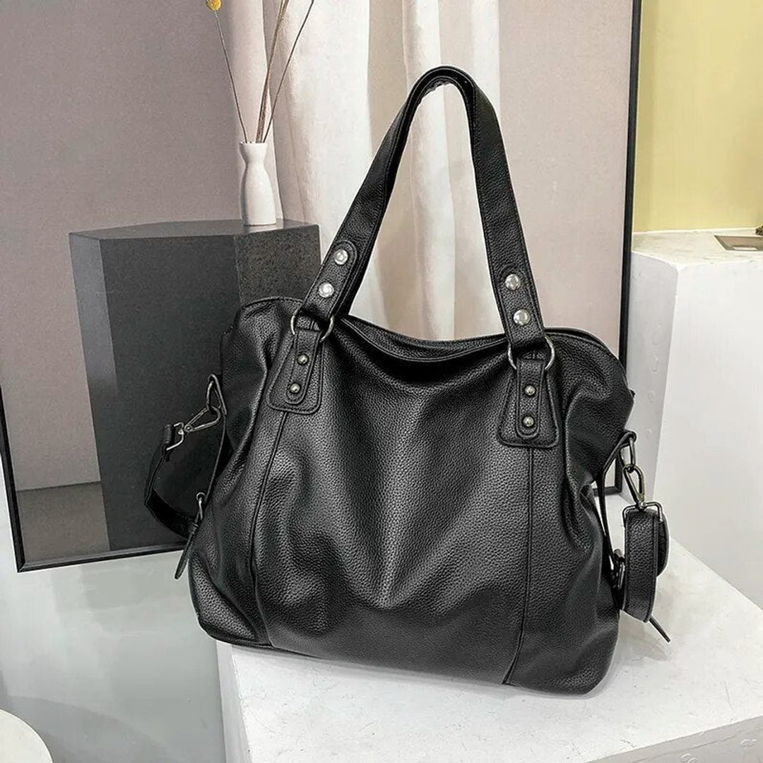 Geräumige Damen Tote Bag Nieten Schultertasche Kunstleder - Schwarz