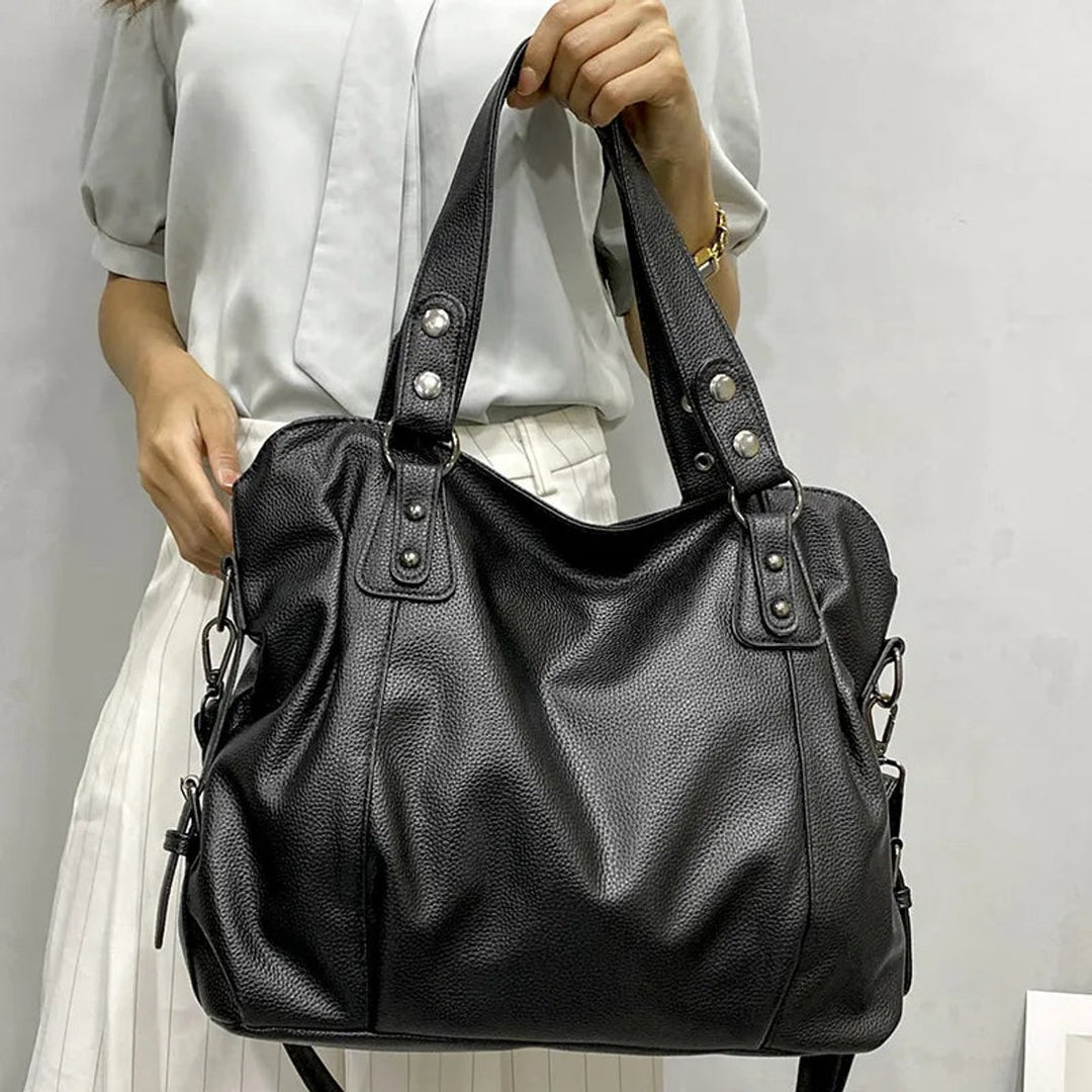 Geräumige Damen Tote Bag Nieten Schultertasche Kunstleder - Creme