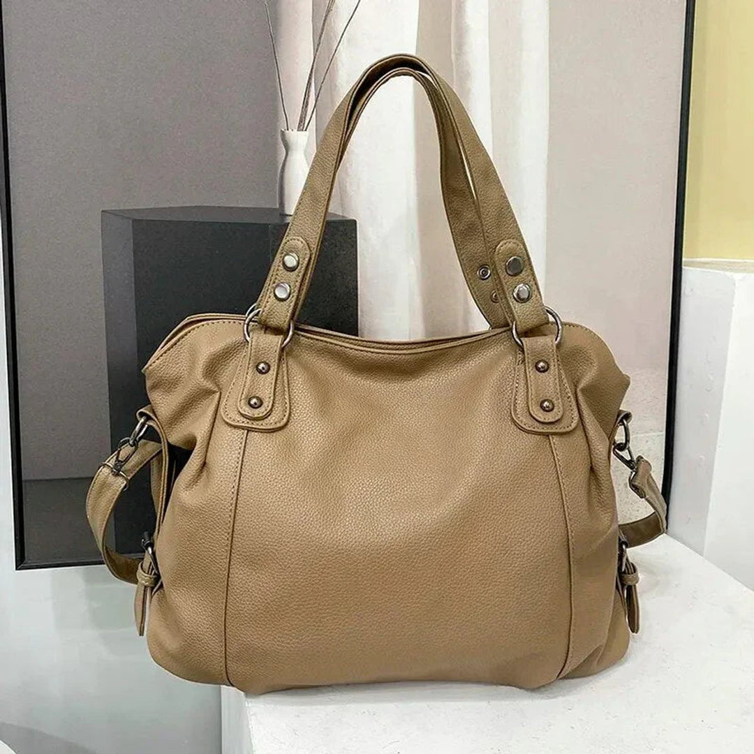 Geräumige Damen Tote Bag Nieten Schultertasche Kunstleder - Beige