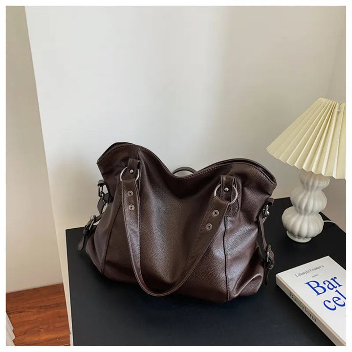 Geräumige Damen Tote Bag Nieten Schultertasche Kunstleder - Braun