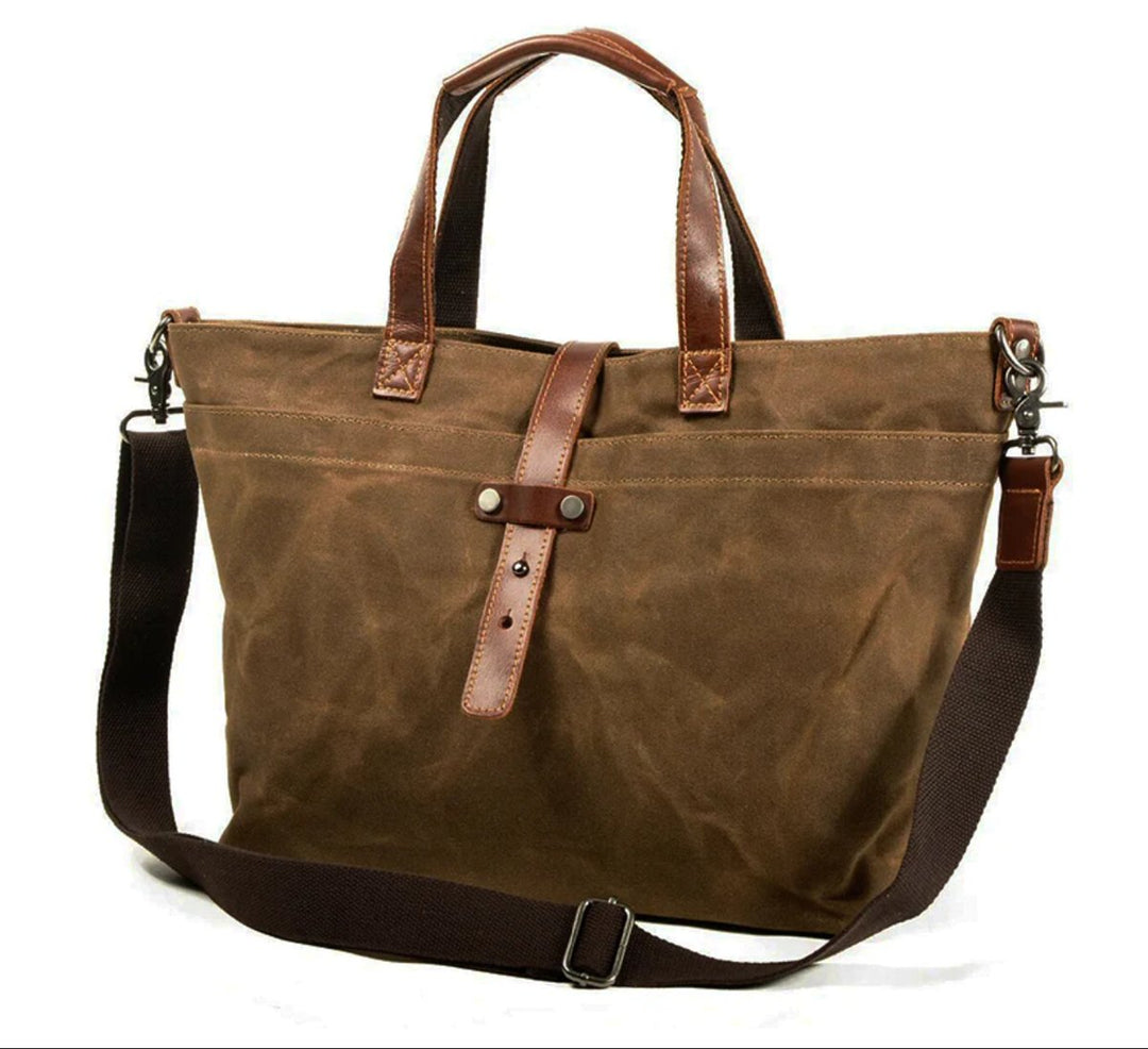 Gewachste Canvas Tote bag mit Lederdetails wasserabweisend - Tabakblatt