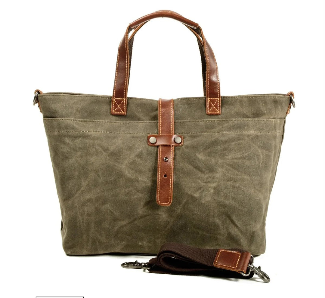 Gewachste Canvas Tote bag mit Lederdetails wasserabweisend - Salbeiholz