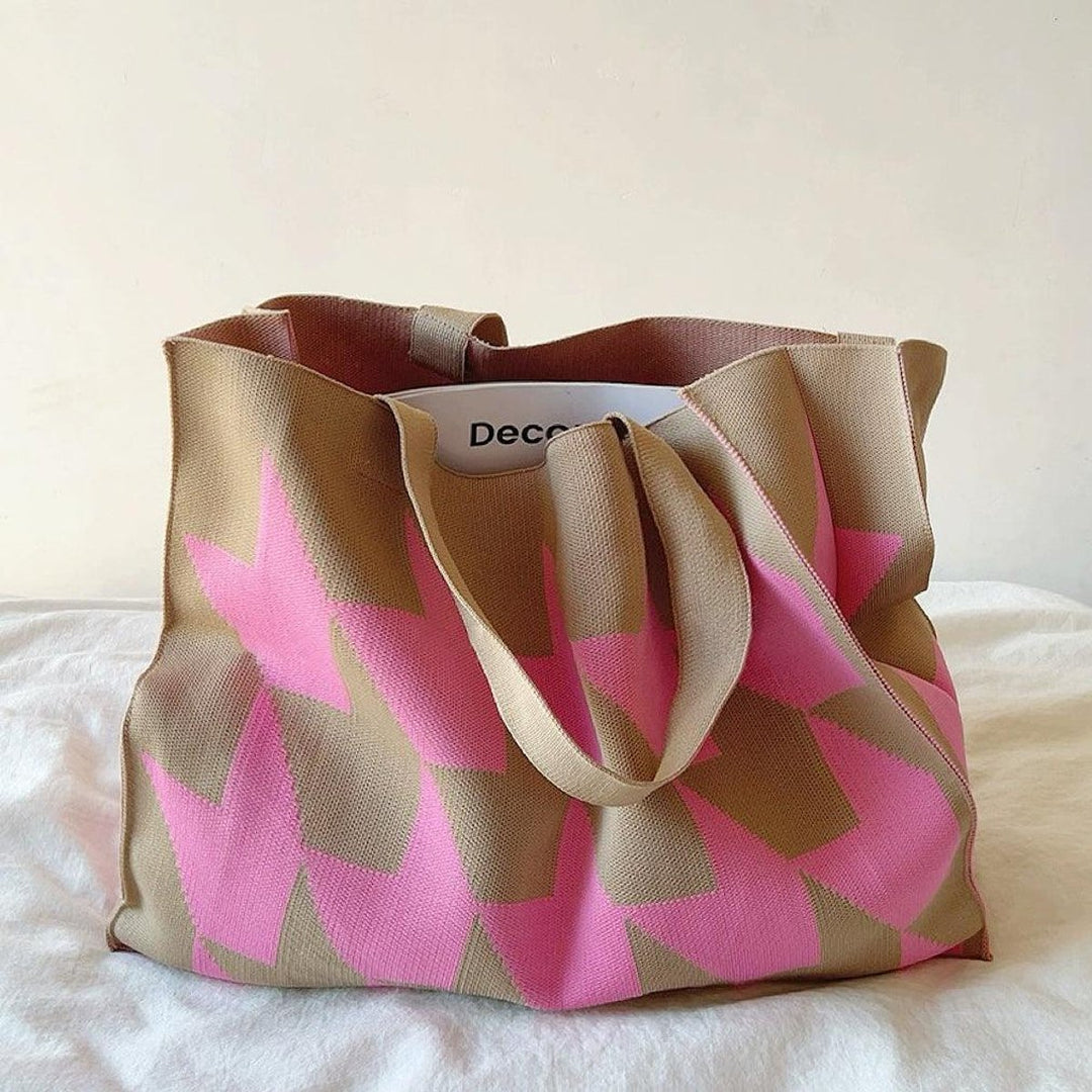 Grafischer Canvas Tote Bag Damen Shopper Beige Rosa - Rosa