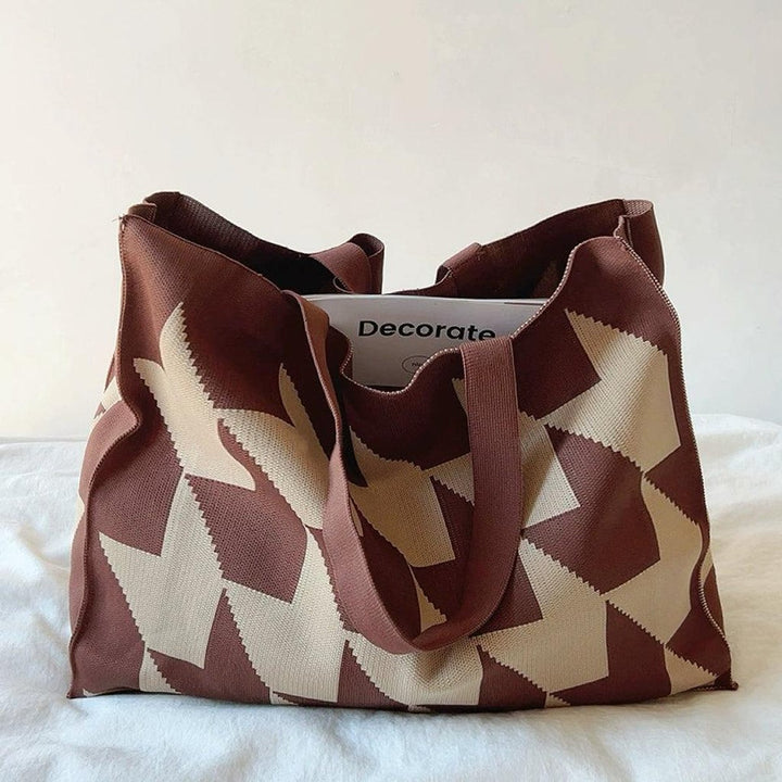 Grafischer Canvas Tote Bag Damen Shopper Beige Rosa - Braun