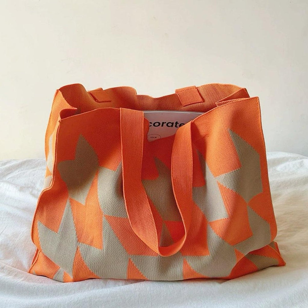 Grafischer Canvas Tote Bag Damen Shopper Beige Rosa - Orange