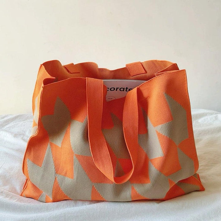 Grafischer Canvas Tote Bag Damen Shopper Beige Rosa - Orange