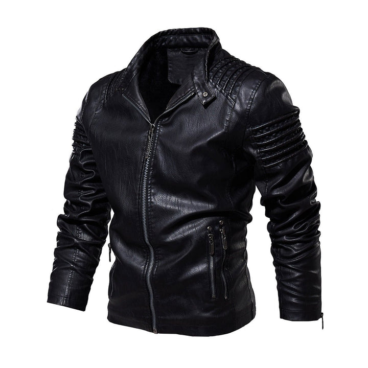 Herren Bikerjacke strukturierte Schultern Kunstleder Reißverschluss - Schwarz