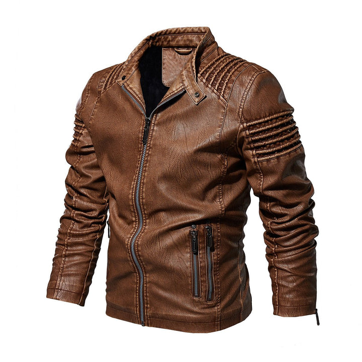 Herren Bikerjacke strukturierte Schultern Kunstleder Reißverschluss - Khaki