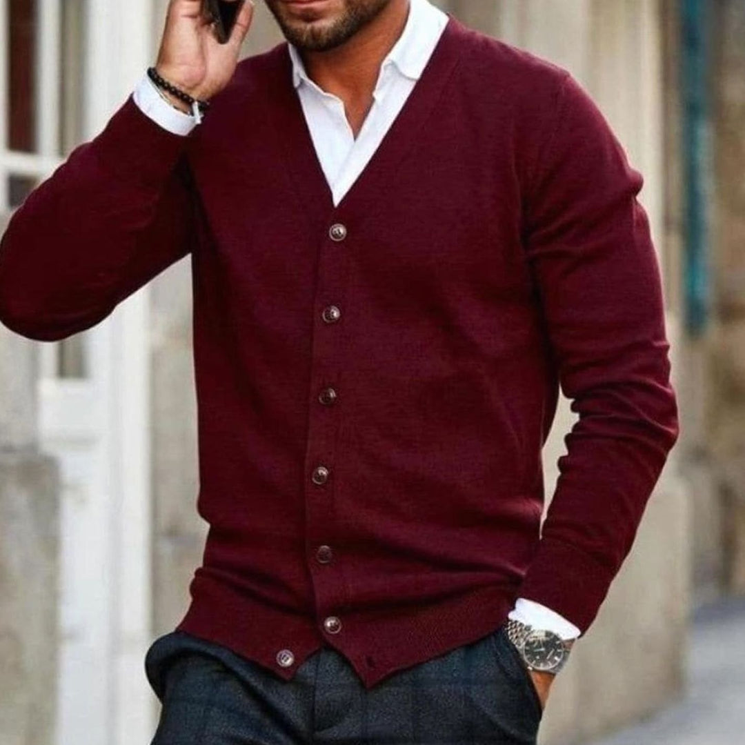 Herren Business-Casual Strickjacke mit V-Ausschnitt und Knopfleiste - Rot