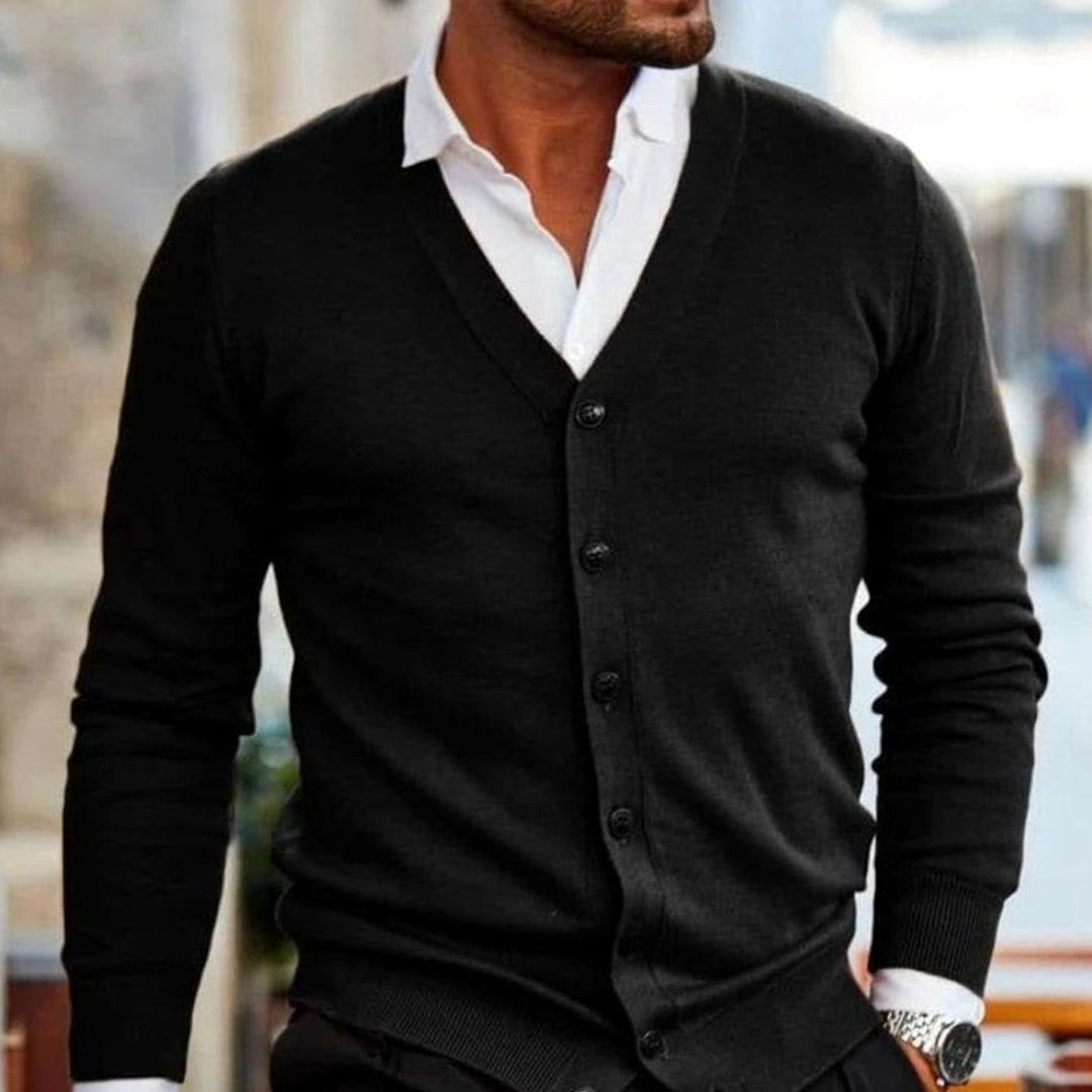Herren Business-Casual Strickjacke mit V-Ausschnitt und Knopfleiste - Schwarz